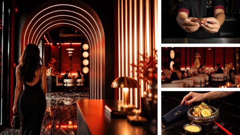 A glamorous dining room with an arched red-lit doorway and a collage of cocktail and food shots at AKA Sushi