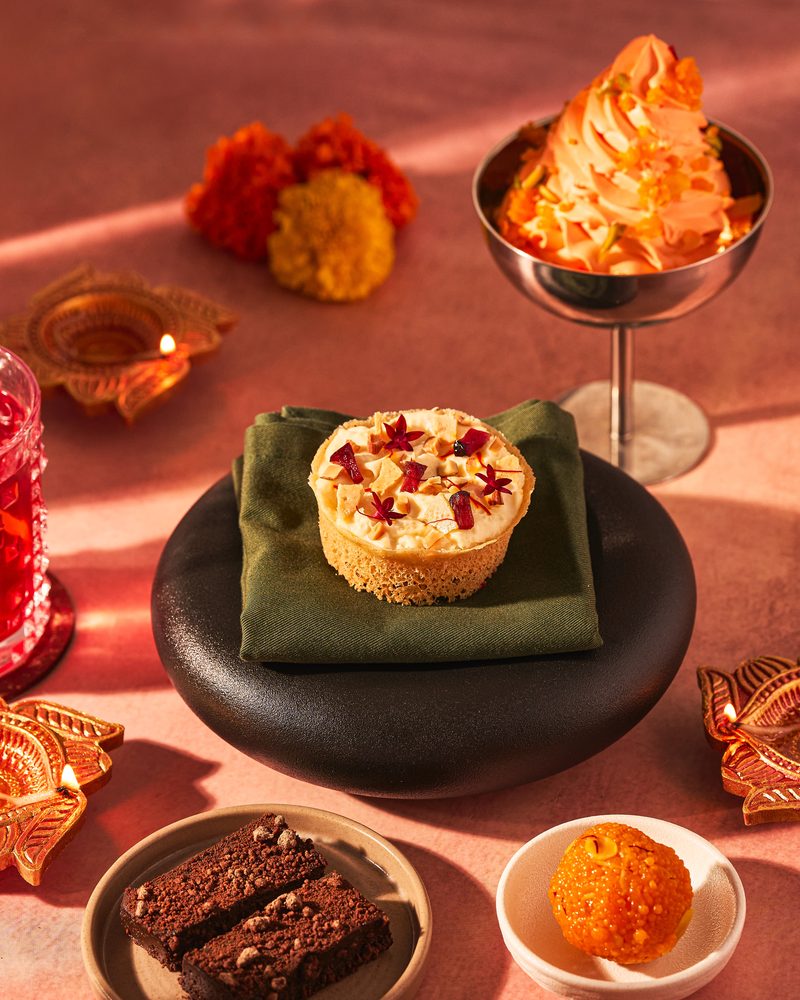 A plum ghewar, a Motichur Ladoo Softy and a kaju katli bar from the Diwali dessert course