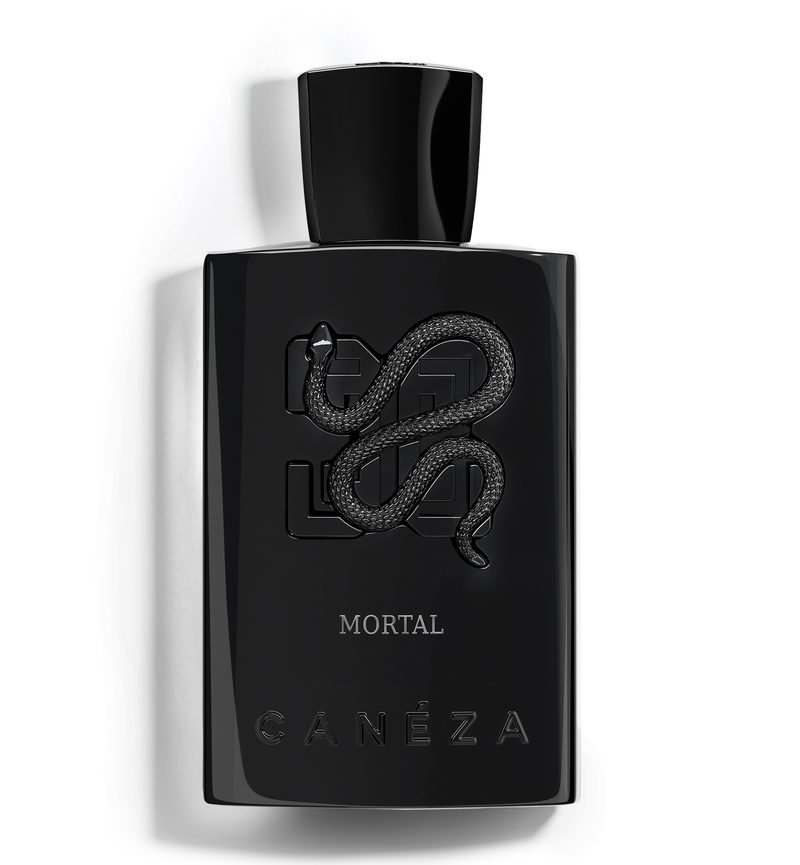 A black bottle of Canéza Mortal perfume with a snake emblem on a white background