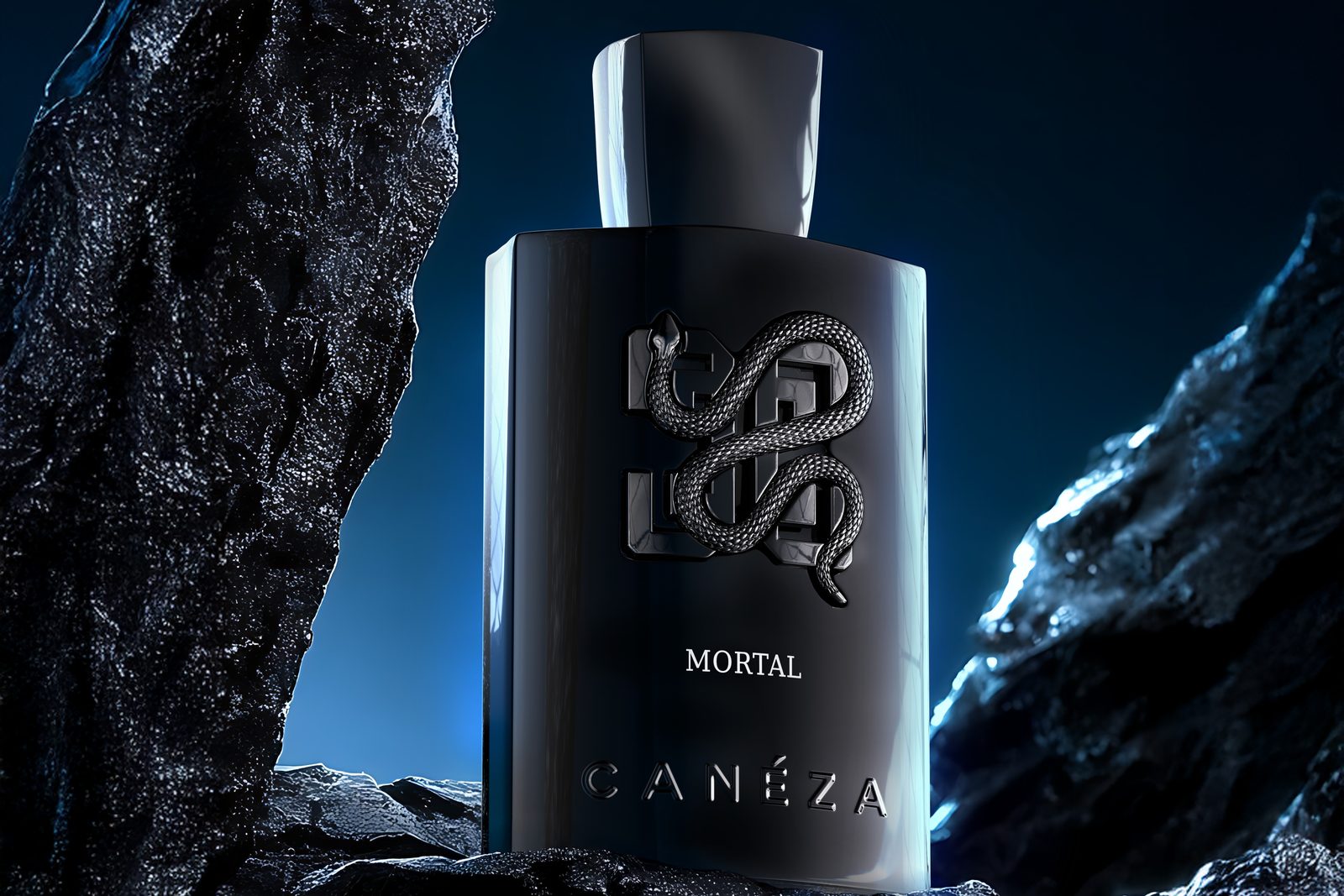 A black bottle of Canéza Mortal fragrance with a coiled snake emblem, standing between dark rock formations lit in deep blue