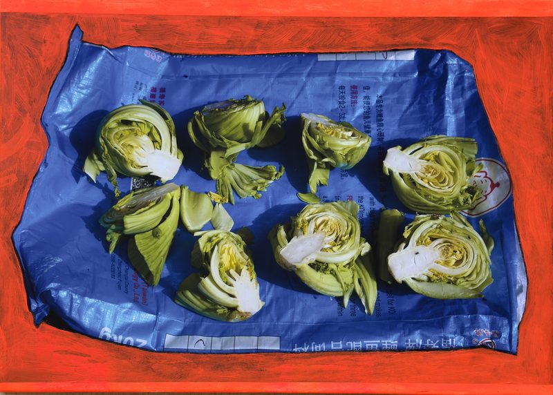 KOOL, a 2026 painting by Charlie Koolhaas showing halved cabbages laid out on a blue tarpaulin against a red background