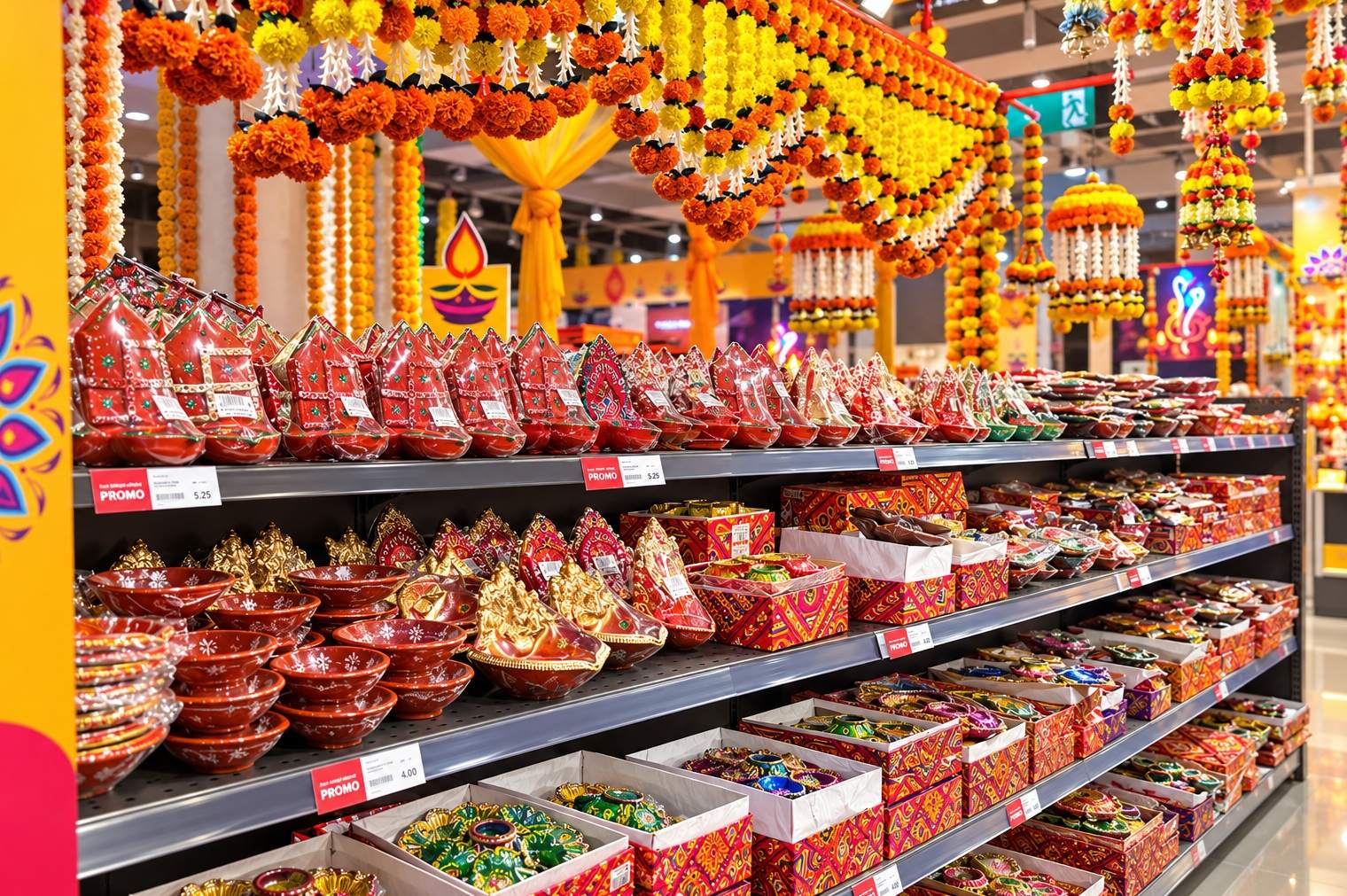 Shelves of Diwali gift boxes, diyas and decorations under marigold garlands at Choithrams
