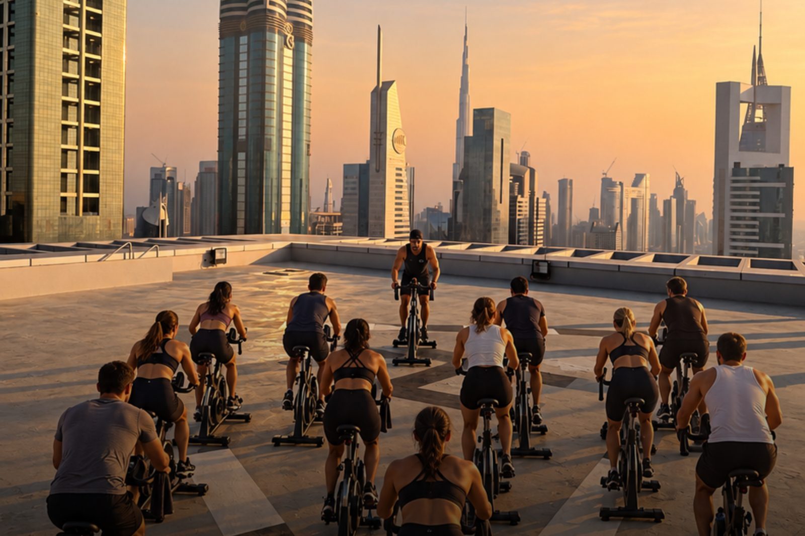 Riders on stationary bikes on the Level 43 helipad with the Dubai skyline behind