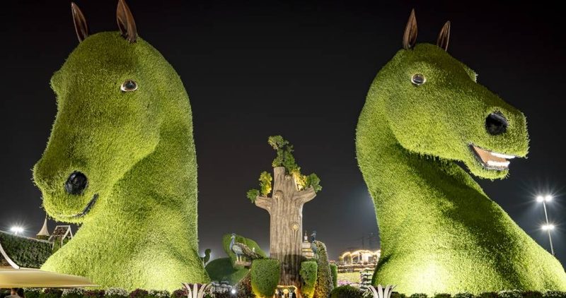 Two giant horse head topiary sculptures lit up at night at Dubai Miracle Garden
