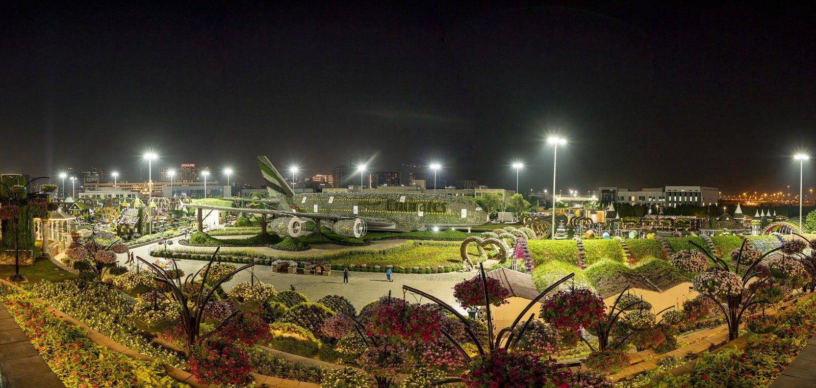 Dubai Miracle Garden at night, with the flower-covered Emirates A380 and floral walkways lit up
