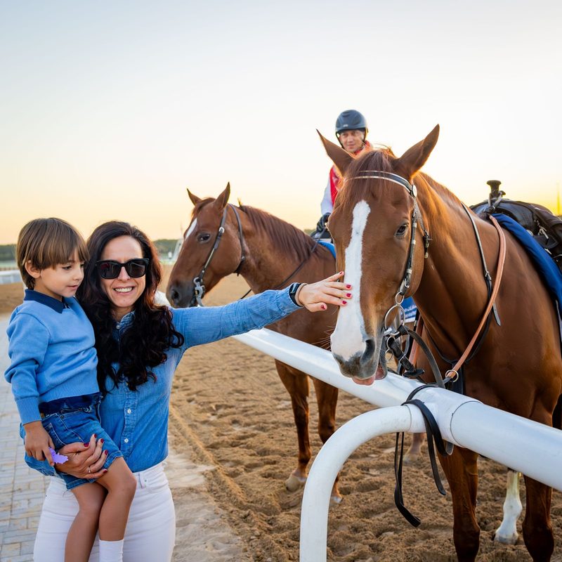 A woman and child meet a racehorse beside the track at sunrise on the Breakfast Stable Tour