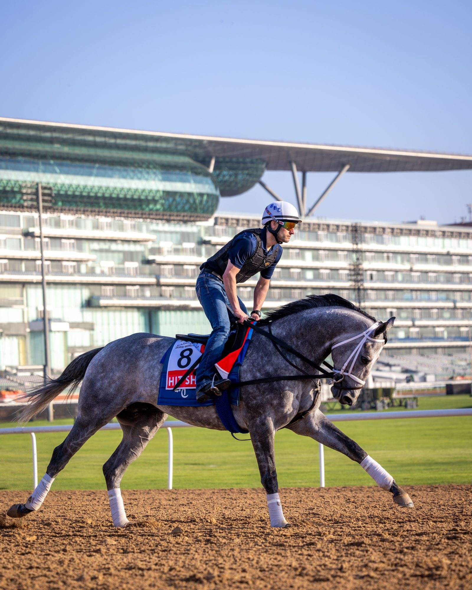 A jockey rides a grey racehorse on the track in front of the Meydan Grandstand