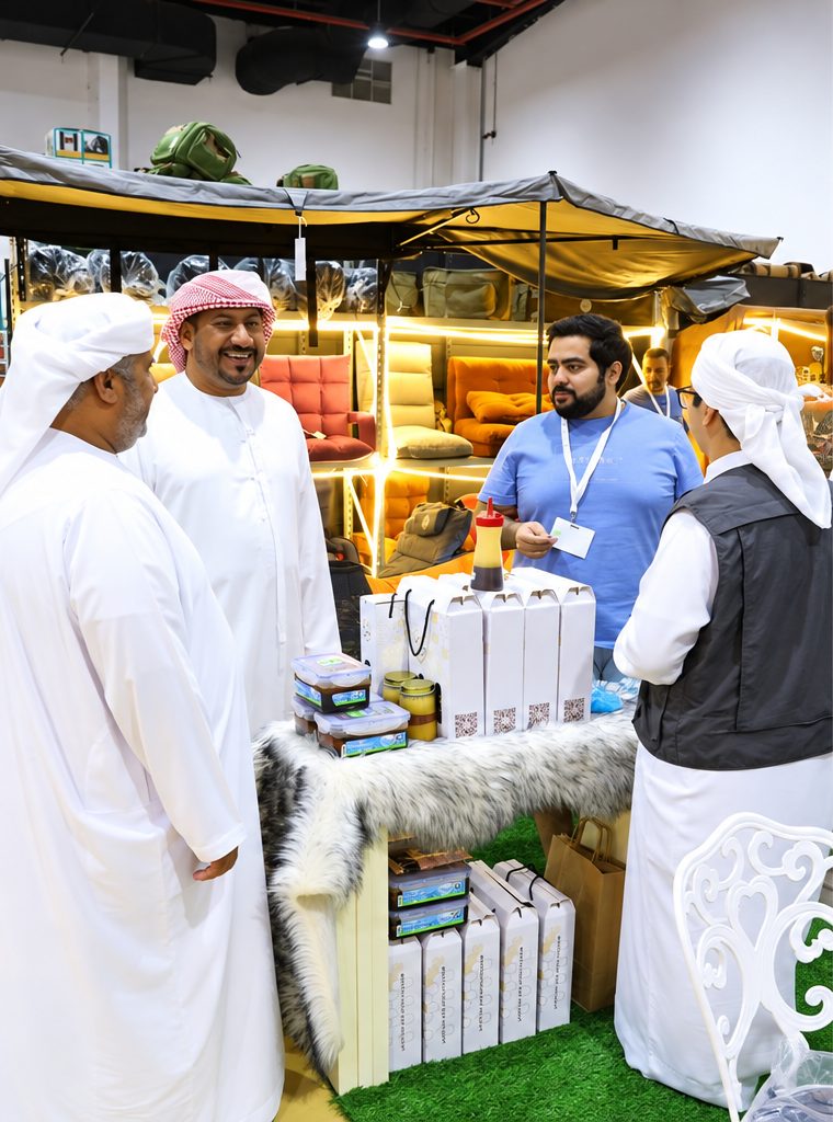 Visitors talking to exhibitors at a camping stand with a tent and cushions behind