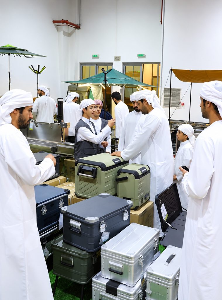 Visitors looking at camping coolers and storage boxes on a stand at an Expo Al Dhaid exhibition