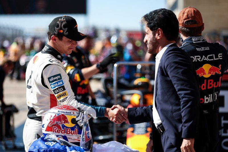 FIA President Mohammed Ben Sulayem shaking hands with a driver, pictured at last year's Formula One United States Grand Prix in Austin