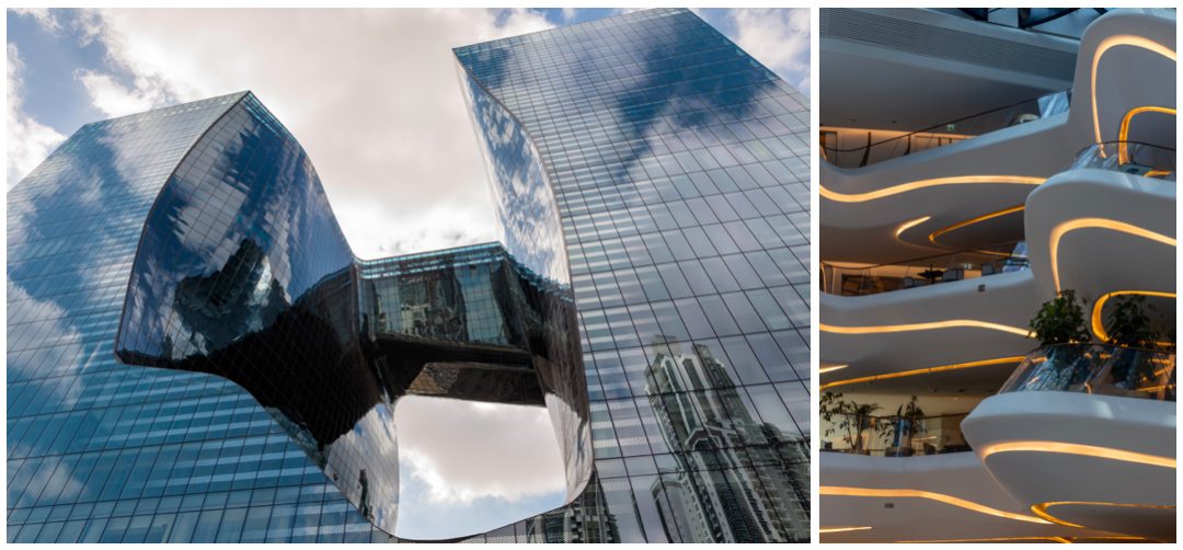 Two views of ME Dubai by Meliá: the curved glass facade of the Opus building against the sky, and a sweeping curved interior edged with glowing ribbons of light