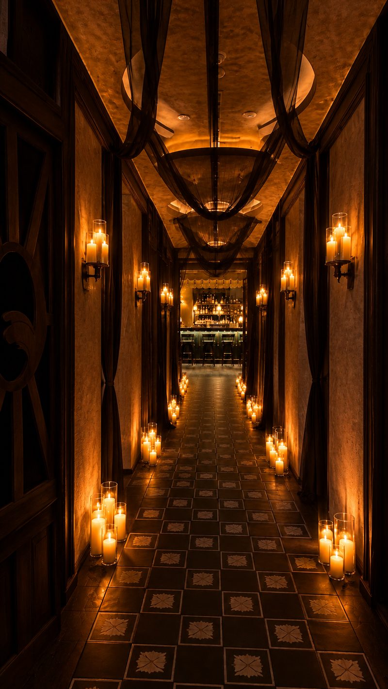 A long corridor lined with wall lights and candles on the floor, with black fabric draped from the ceiling and a patterned tiled floor