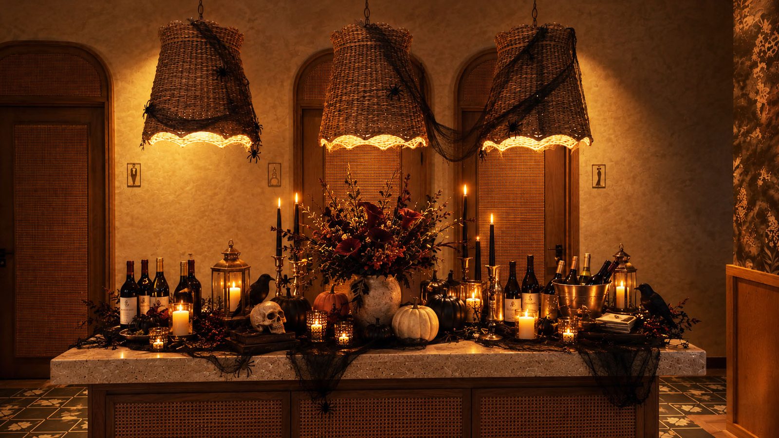 A long counter dressed for Halloween with candles, pumpkins, wine bottles, a skull and black webbing, beneath three lamps draped in cobwebs
