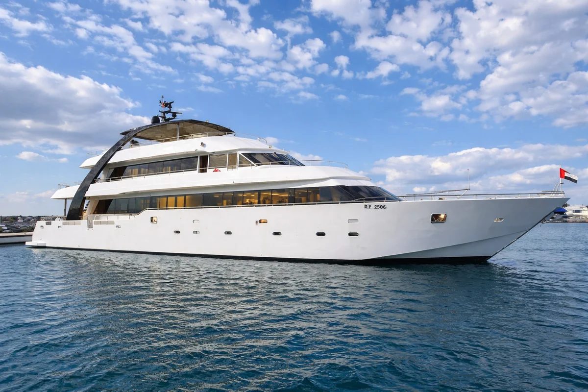 A long white multi-deck motor yacht flying a UAE flag, on the water beside a quay under a blue sky with clouds