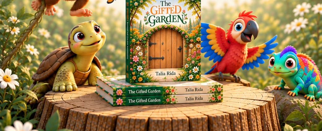 Illustration from the launch invitation for The Gifted Garden, showing copies of the children's book on a tree stump beside a tortoise, a parrot and a chameleon among flowers