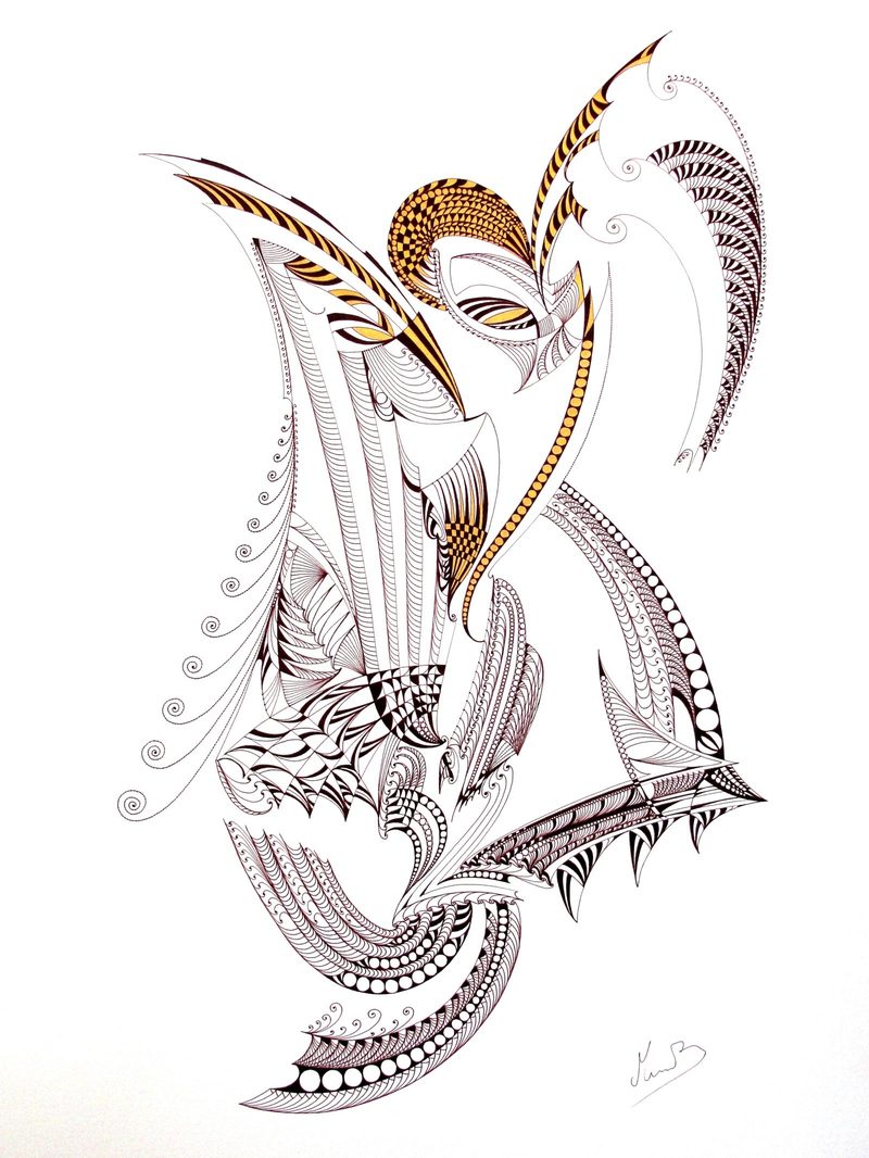 Illusionista, an ink drawing in gold and brown by Marcapiano