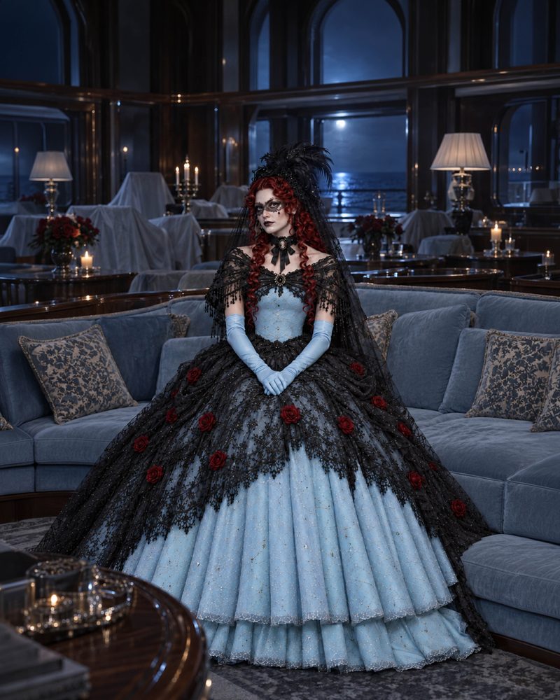 A performer dressed as Lady Marina in a black lace gown with red roses, sitting on a blue sofa in a candlelit yacht lounge